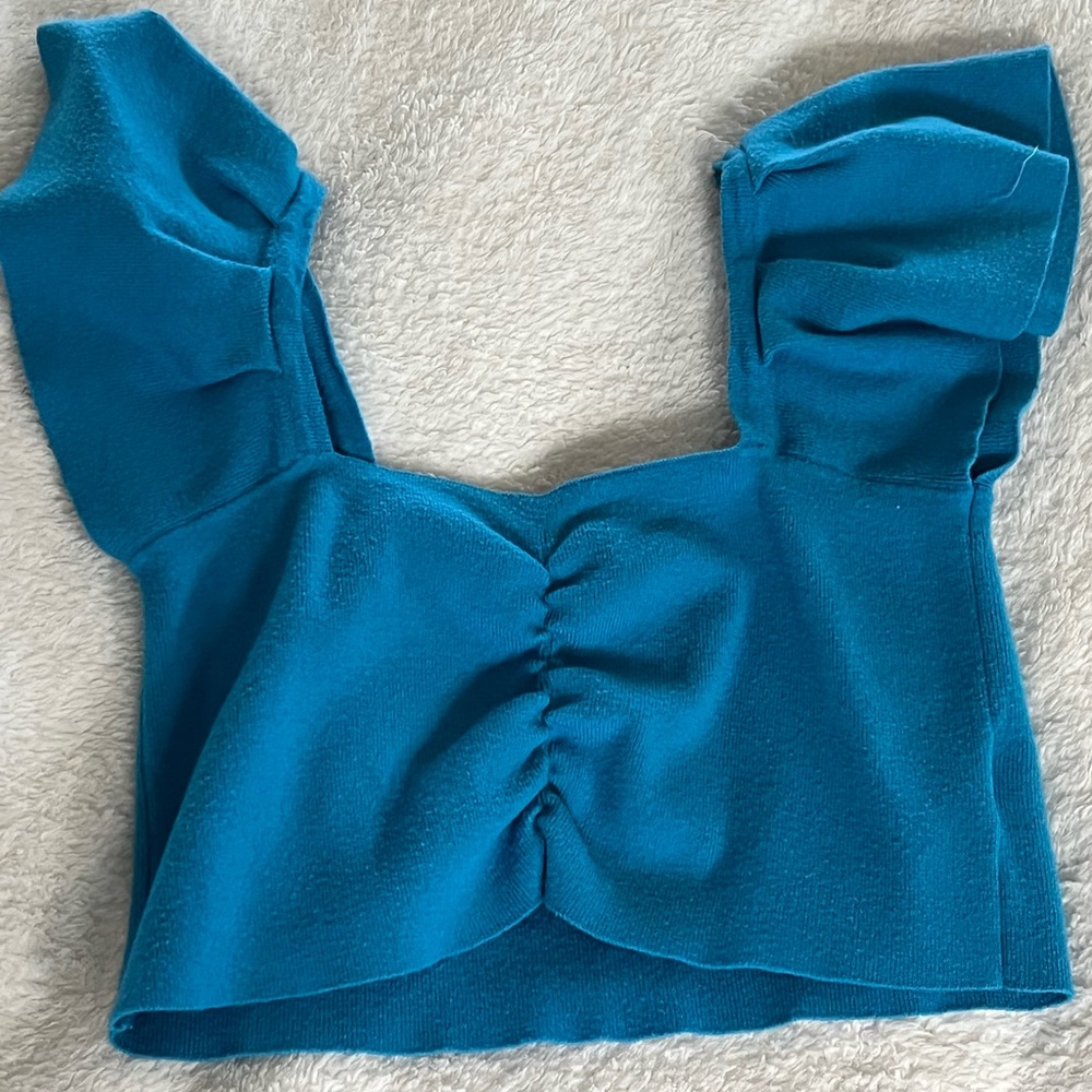 SHEIN Blue Cropped Top with Ruffle Sleeves